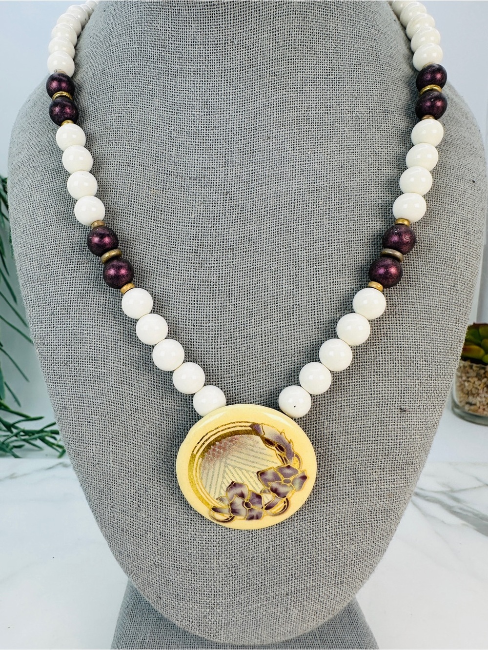 Vintage Japanese Porcelain Pendant Necklace Purple Cream Flower Pansy Gilded
